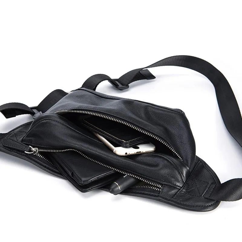 Black Leather Mens Waist Bag Fanny Pack Sling Bag Chest Bag Black One Shoulder Backpack for Men