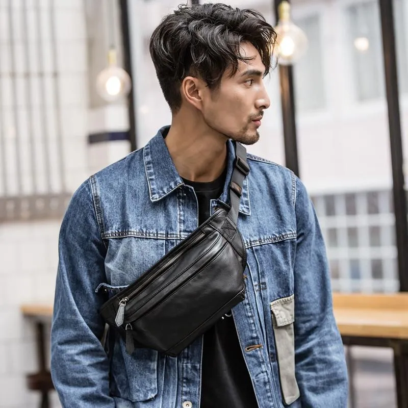 Black Leather Mens Waist Bag Fanny Pack Sling Bag Chest Bag Black One Shoulder Backpack for Men