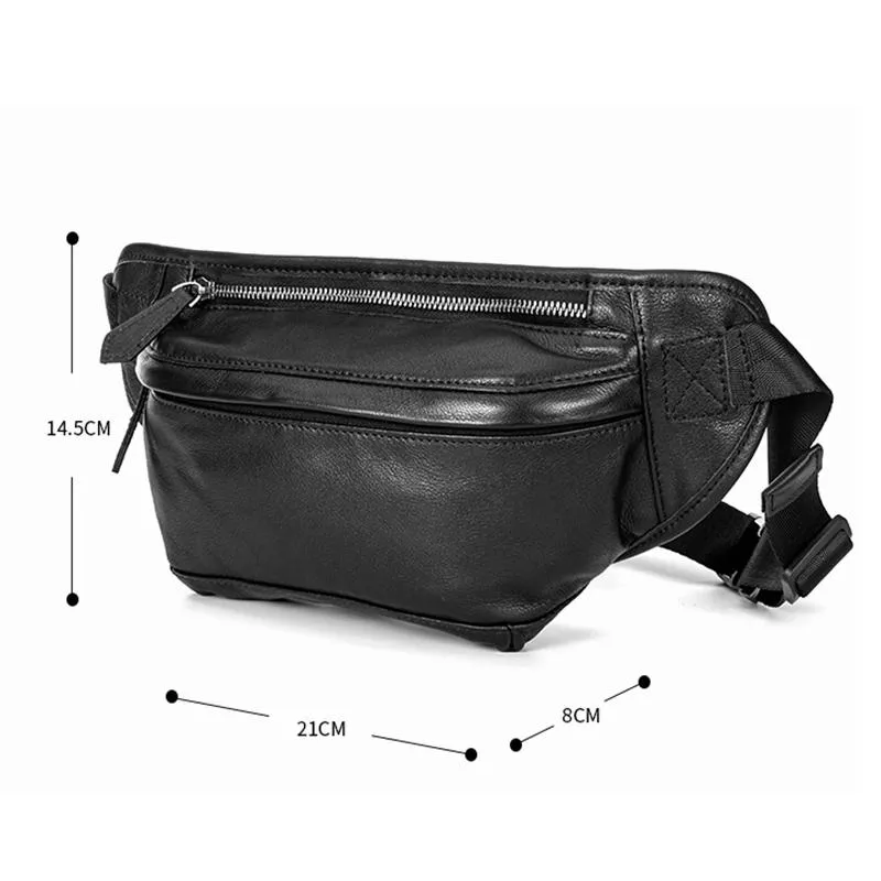 Black Leather Mens Waist Bag Fanny Pack Sling Bag Chest Bag Black One Shoulder Backpack for Men