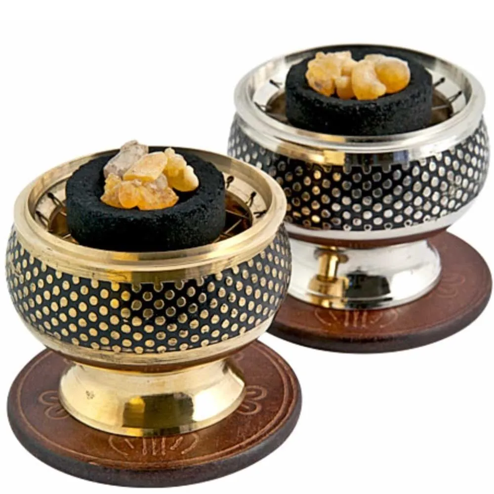 Brass Screen Charcoal Incense Burner w/ Wooden Coaster 2.5"