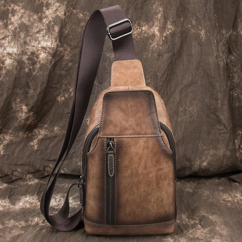 Brown Cool LEATHER MENS 8 inches Tan Sling Bag One Shoulder Backpack Blue Chest Bag For Men