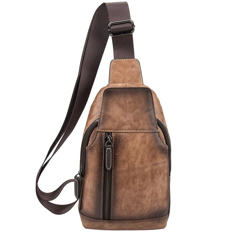 Brown Cool LEATHER MENS 8 inches Tan Sling Bag One Shoulder Backpack Blue Chest Bag For Men