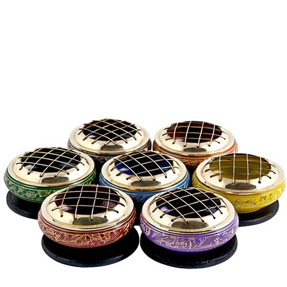 Chakra Brass Screen Charcoal Incense Burner w/ Wooden Coaster 3"