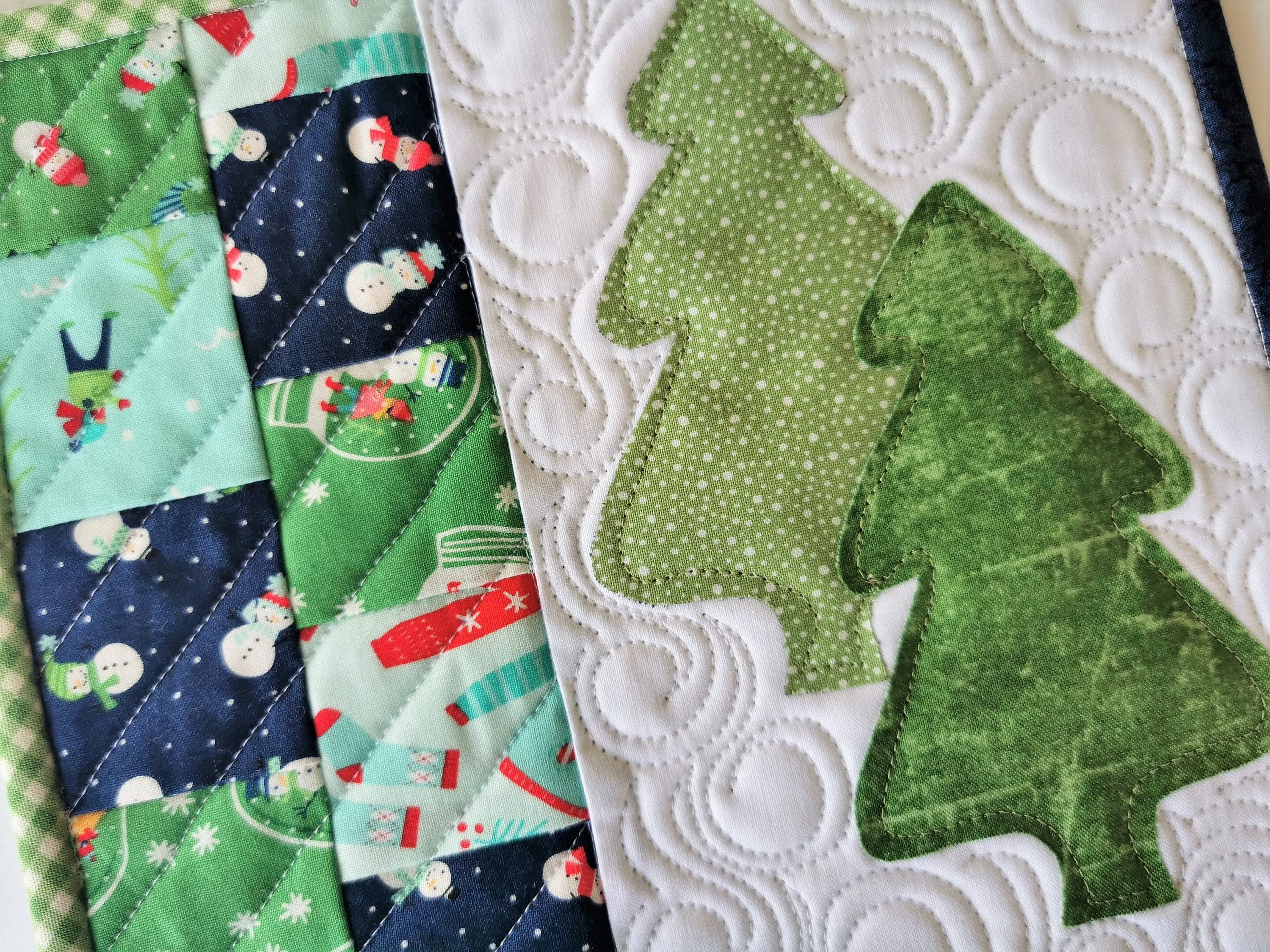Christmas Tree Quilted Mug Rug, Santa Snack Mat,  Snow Theme Desk Coaster, Mini Quilt, Stocking Stuffer