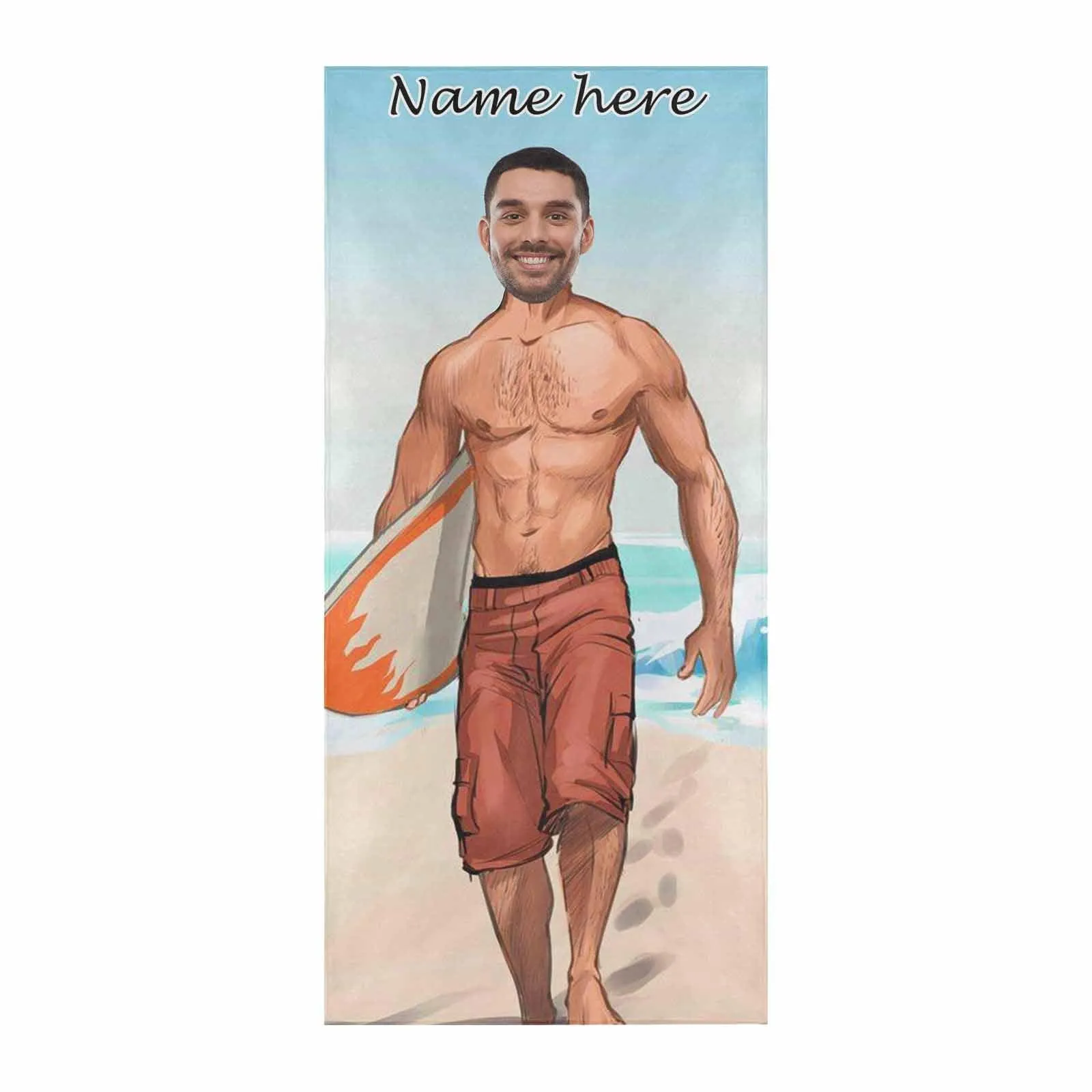 Custom Face & Name Comic Surfer Boy Beach Towel Quick-Dry, Sand-Free, Super Absorbent, Non-Fading, Beach&Bath Towel Beach Blanket Personalized Beach Towel Funny Selfie Gift