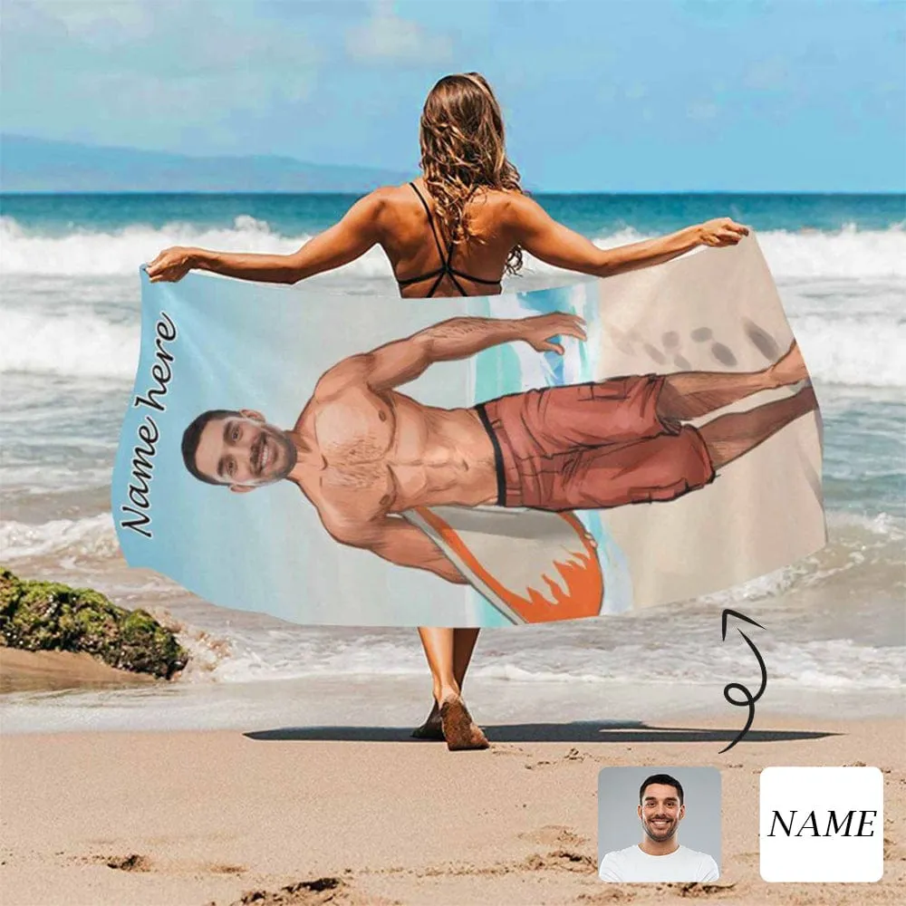 Custom Face & Name Comic Surfer Boy Beach Towel Quick-Dry, Sand-Free, Super Absorbent, Non-Fading, Beach&Bath Towel Beach Blanket Personalized Beach Towel Funny Selfie Gift