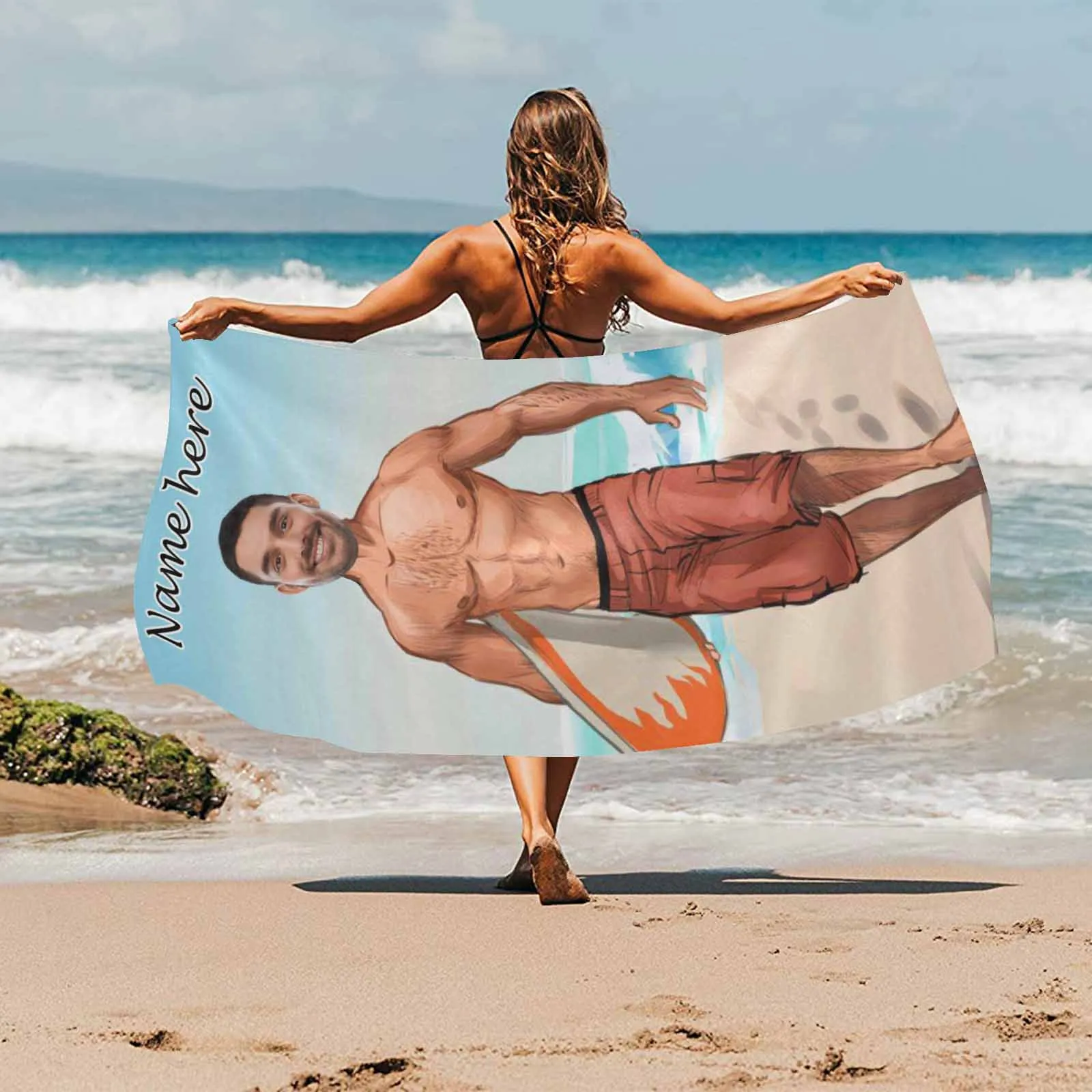 Custom Face & Name Comic Surfer Boy Beach Towel Quick-Dry, Sand-Free, Super Absorbent, Non-Fading, Beach&Bath Towel Beach Blanket Personalized Beach Towel Funny Selfie Gift