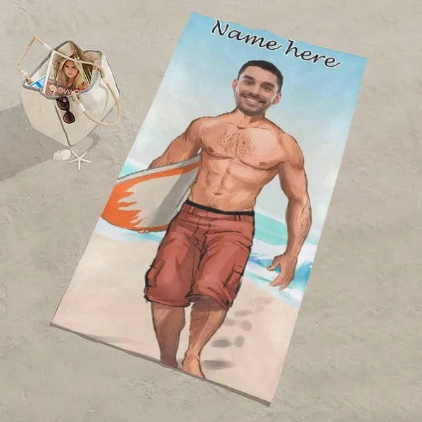 Custom Face & Name Comic Surfer Boy Beach Towel Quick-Dry, Sand-Free, Super Absorbent, Non-Fading, Beach&Bath Towel Beach Blanket Personalized Beach Towel Funny Selfie Gift
