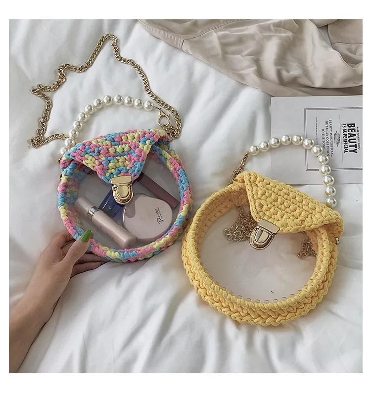 Cute Round Crochet Crossbody Purse PMMA Crochet Shoulder Round Handbag for Girl Circle Crochet Crossbody Purses