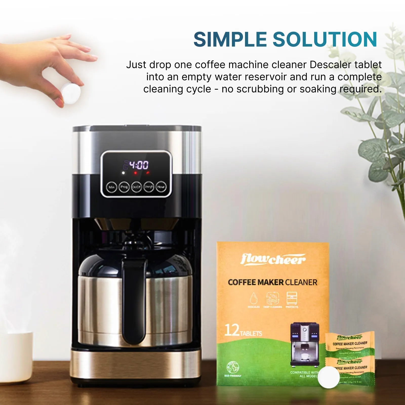 Flowcheer Coffee Machine Cleaner Descaler Tablets - 12 Count, Coffee Maker Pot Descaling & Cleaning Tabs for Breville Keurig, Gaggia, Nespresso, Delonghi, Jura, Ninja, Coffee Espresso Machines
