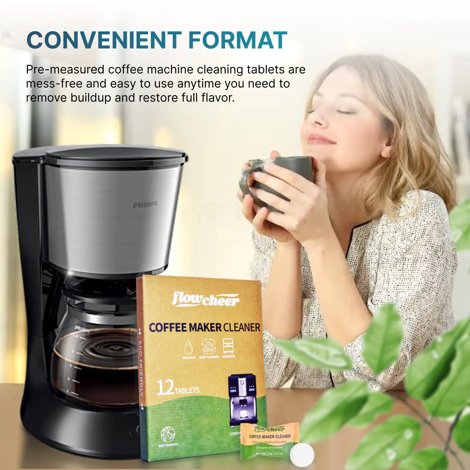 Flowcheer Coffee Machine Cleaner Descaler Tablets - 12 Count, Coffee Maker Pot Descaling & Cleaning Tabs for Breville Keurig, Gaggia, Nespresso, Delonghi, Jura, Ninja, Coffee Espresso Machines