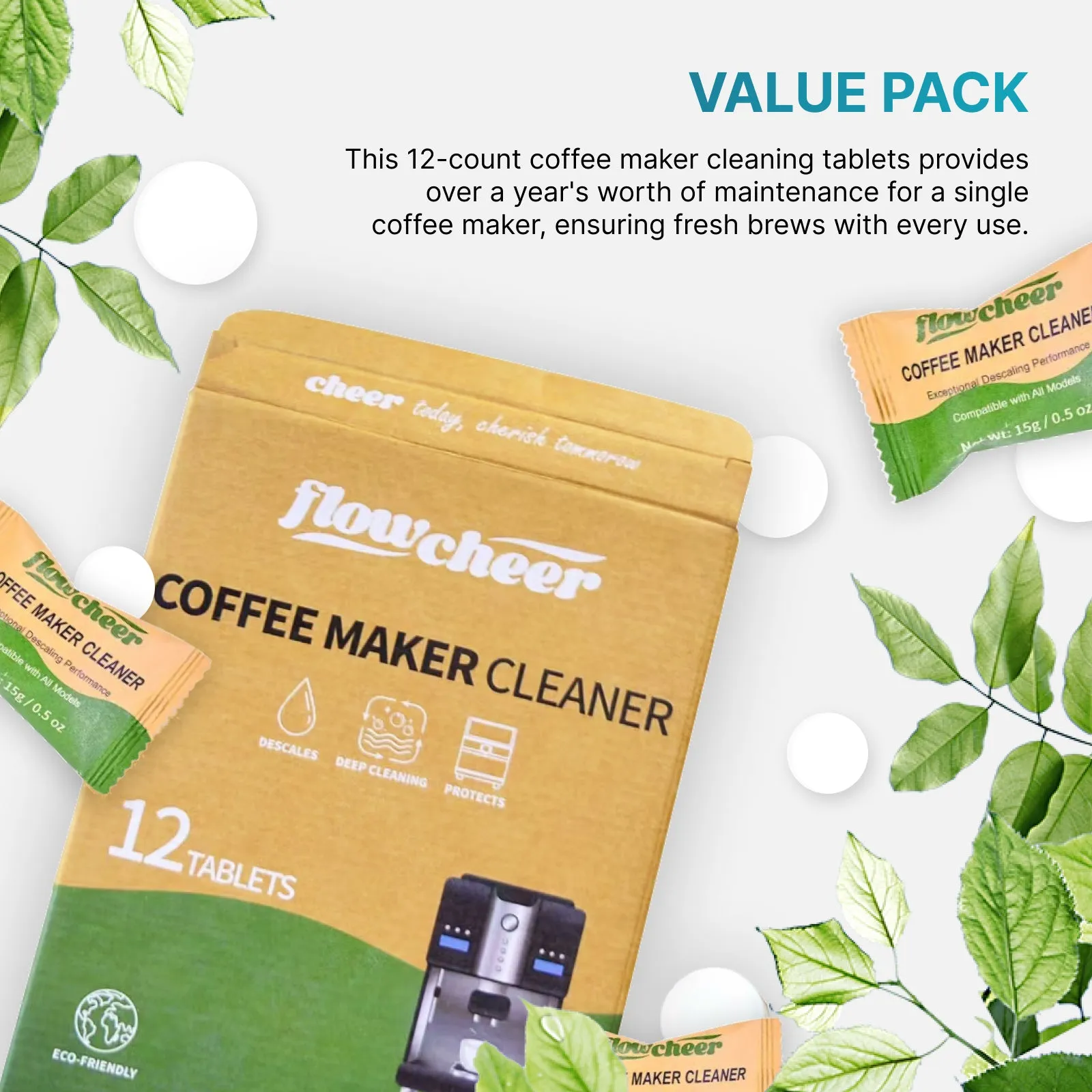 Flowcheer Coffee Machine Cleaner Descaler Tablets - 12 Count, Coffee Maker Pot Descaling & Cleaning Tabs for Breville Keurig, Gaggia, Nespresso, Delonghi, Jura, Ninja, Coffee Espresso Machines
