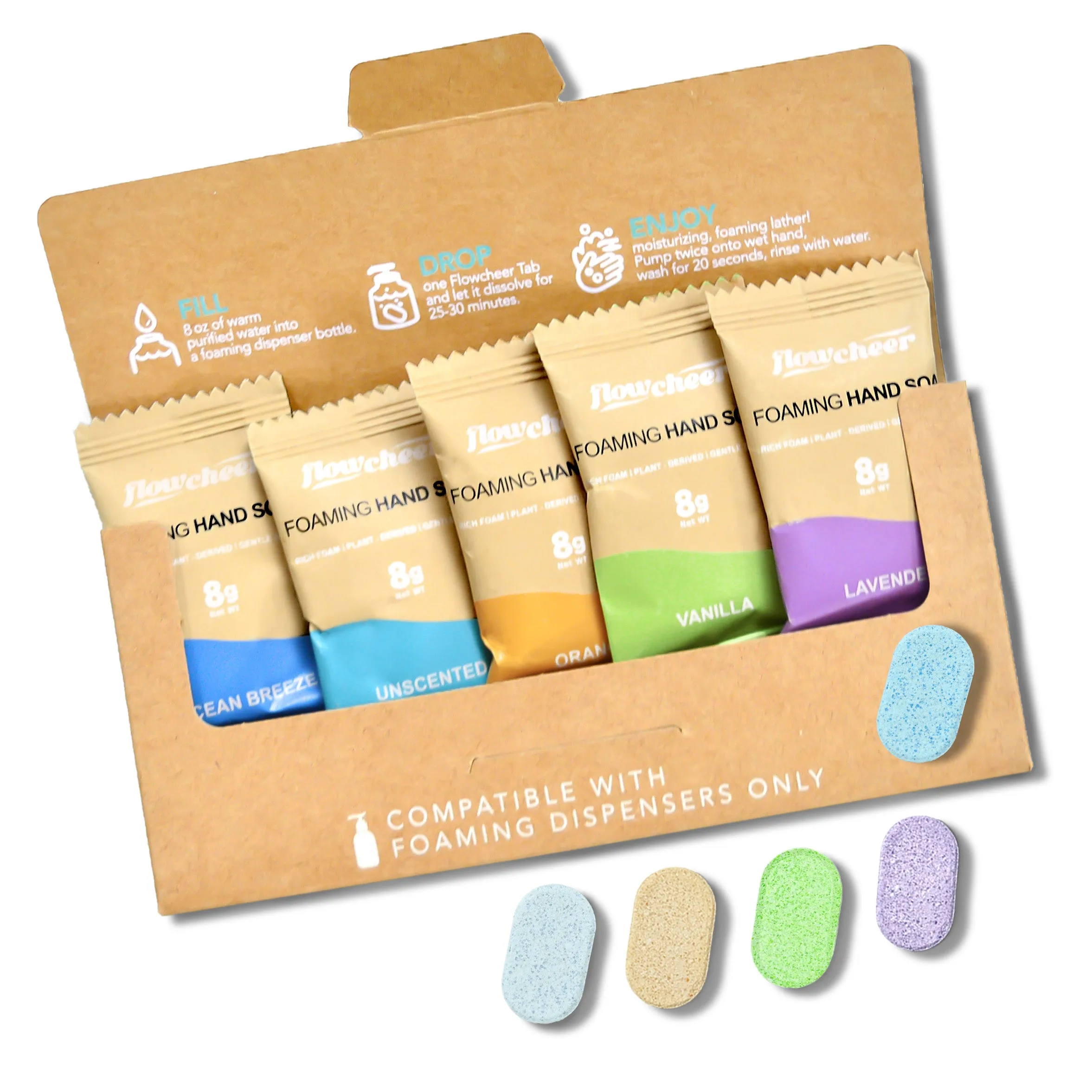 Foaming Hand Soap Tablet Refills-5 Sample Pack Hand Wash Tablets, Zero Waste Eco Friendly Cleaning Supplies-Fills 5 X 8 fl oz Refillable Foam Dispenser(40 Fl oz total)