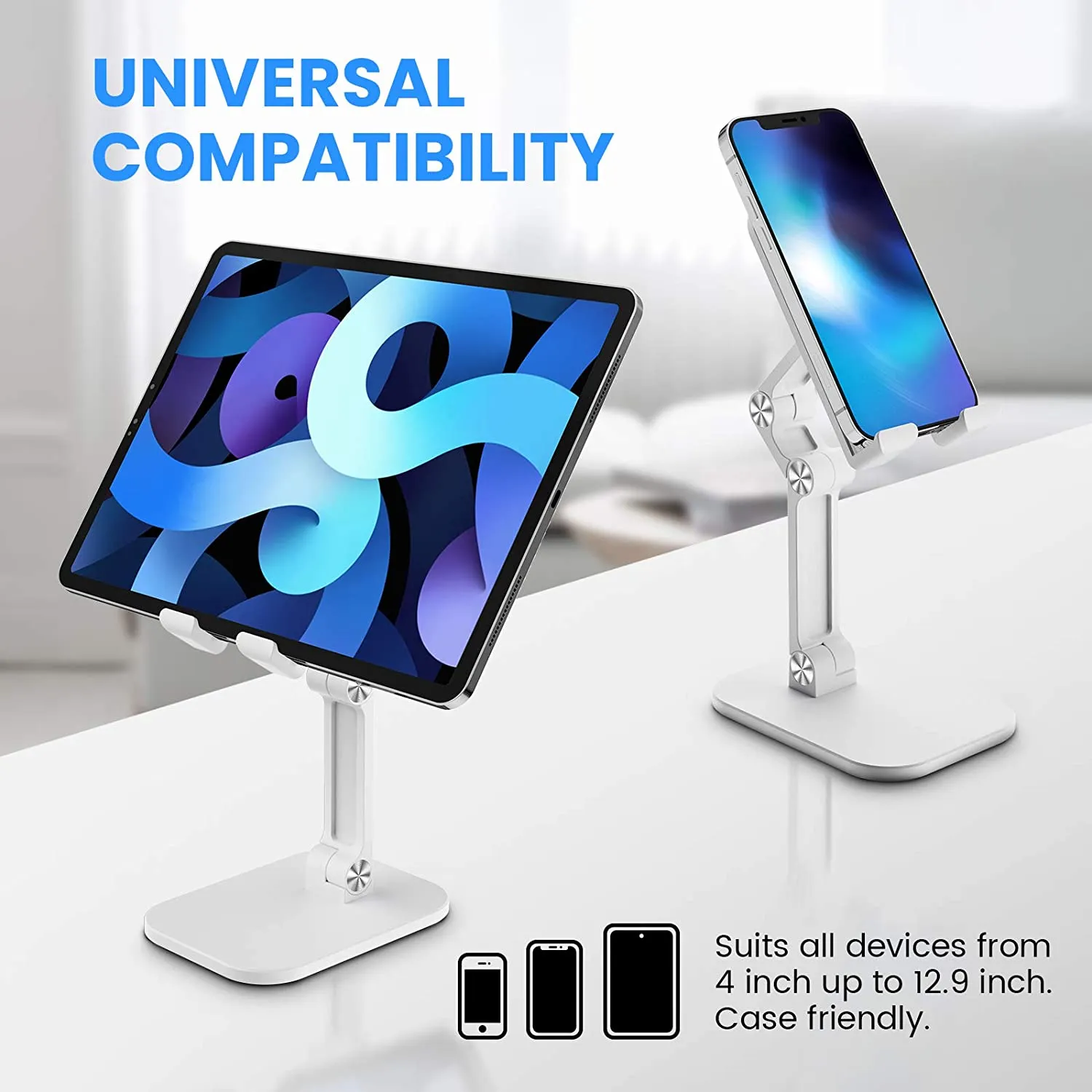 Foldable Angle Height Adjustable Desktop Tablet Phone Holder Stand-White