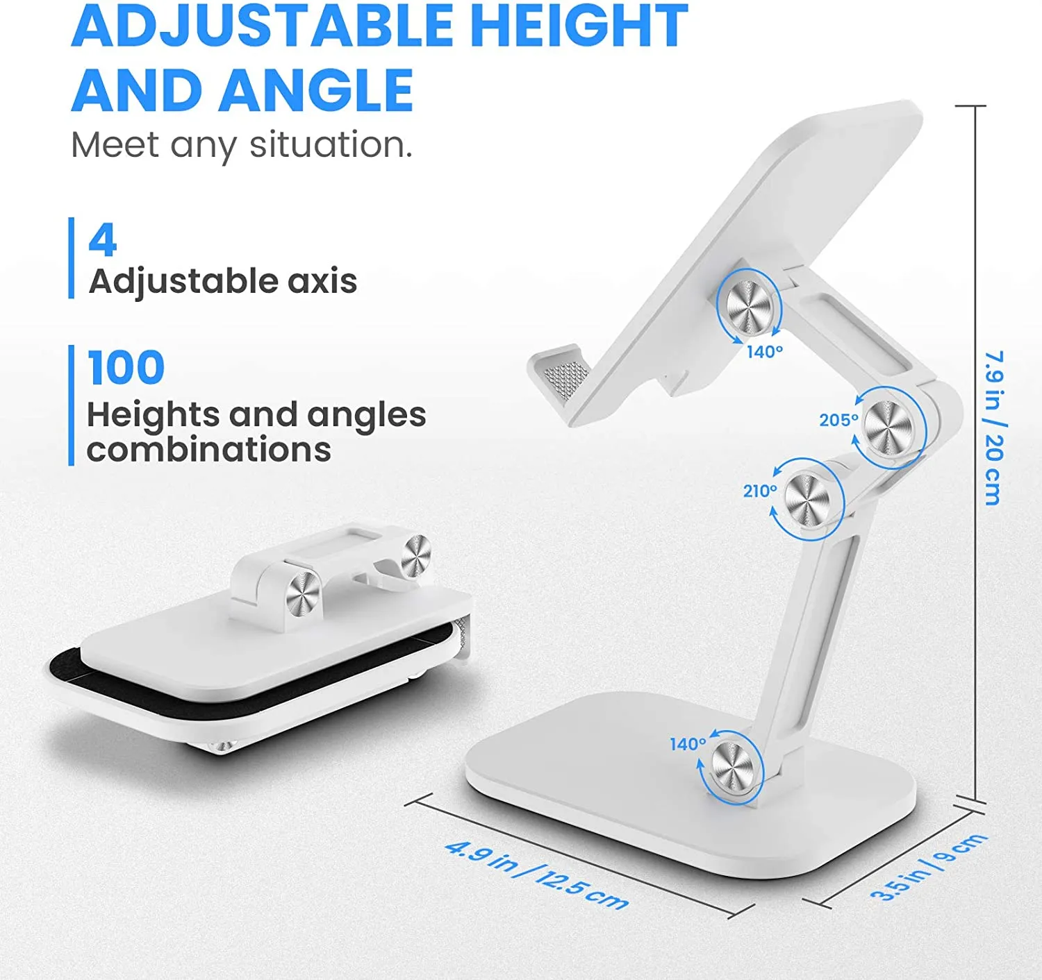 Foldable Angle Height Adjustable Desktop Tablet Phone Holder Stand-White