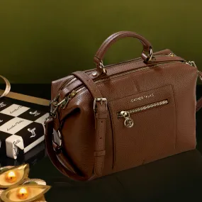 Luxury Corporate Diwali Gift | Stacy Leather Handbag For Women |Genuine Leather Handbag for Ladies | Ideal For Office,Party  & Travel | Color: Tan