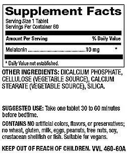 Melatonin 10 mg, 60 vtab (item 460006000)
