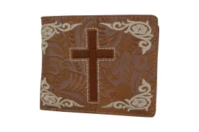 Men's Western Tan Cowboy Cross Design Credit Card ID Holder Bifold Wallet W059-L-BR (C)