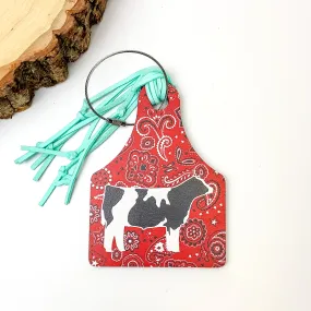 Red and Turquoise Luggage Tag With Cow Picture