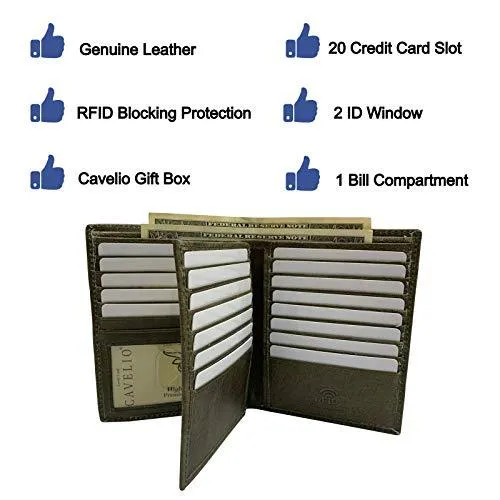 RFID Blocking Genuine Leather Bifold Hipster European Wallet For Men USA Series 20 Card Slots 2 Bill Compartments 2 ID Windows Money RFID5502HU