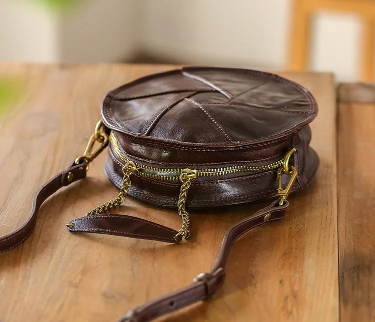 Small Ladies Round Leather Bag Black Leather Shoulder Bag