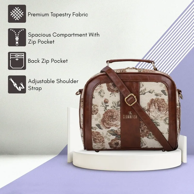 THE CLOWNFISH Elsie Series Tapestry Crossbody Sling Bag for Women Ladies Handbag Single Shoulder Bag with Shoulder Belt (Brown-Floral)