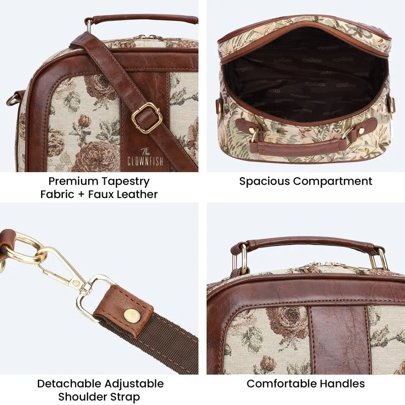 THE CLOWNFISH Elsie Series Tapestry Crossbody Sling Bag for Women Ladies Handbag Single Shoulder Bag with Shoulder Belt (Brown-Floral)