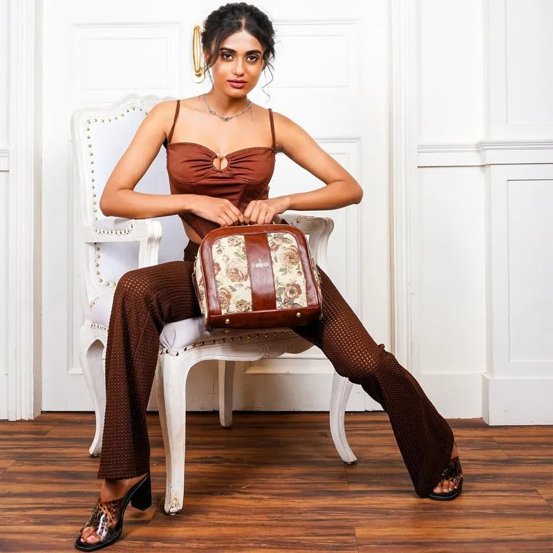 THE CLOWNFISH Elsie Series Tapestry Crossbody Sling Bag for Women Ladies Handbag Single Shoulder Bag with Shoulder Belt (Brown-Floral)