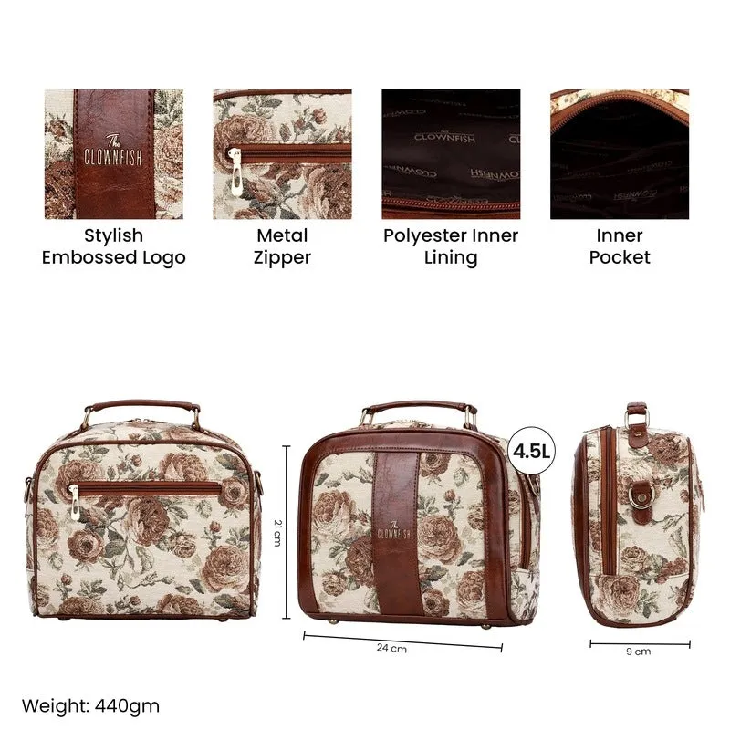THE CLOWNFISH Elsie Series Tapestry Crossbody Sling Bag for Women Ladies Handbag Single Shoulder Bag with Shoulder Belt (Brown-Floral)
